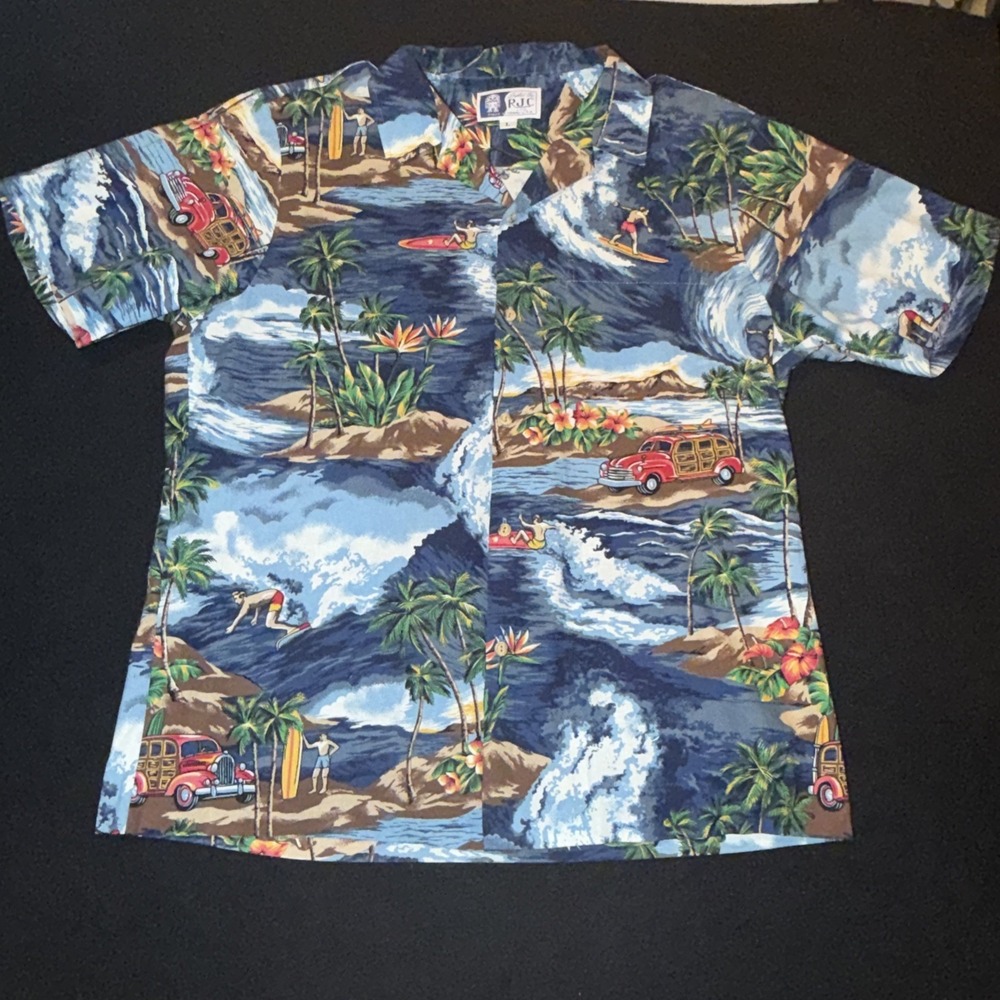 RJC Surfers and Woodies Hawaiian Button Down Short Sleeve Made in Hawaii‎ Mens L